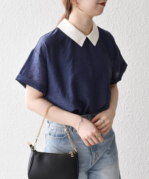 SHIPS any（シップス エニィ）の「SHIPS any:〈洗濯機可能〉フラワー ジャカード バイカラー プルオーバー シャツ（シャツ/ブラウス・レディース・ネイビー/ホワイト・ONE SIZE）」の11枚目の写真