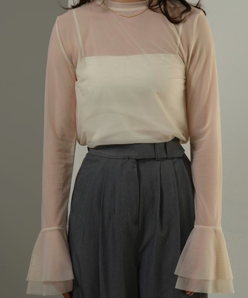 I_am（アイアム）の「mesh flare long t shirt / メッシュフレアロングtシャツ（Tシャツ/カットソー・レディース・ライトグレー/アイボリー・FREE）」の6枚目の写真