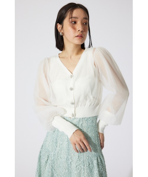 rienda（リエンダ）の「チュールドッキングシアーニットカーディガン　春服 シアートップス（カーディガン/ボレロ・レディース・ホワイト/ベージュ/ブラック・FREE）」の8枚目の写真