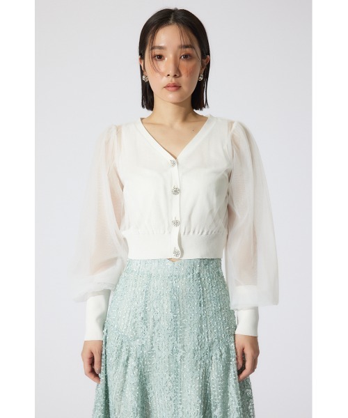 rienda（リエンダ）の「チュールドッキングシアーニットカーディガン　春服 シアートップス（カーディガン/ボレロ・レディース・ホワイト/ベージュ/ブラック・FREE）」の5枚目の写真