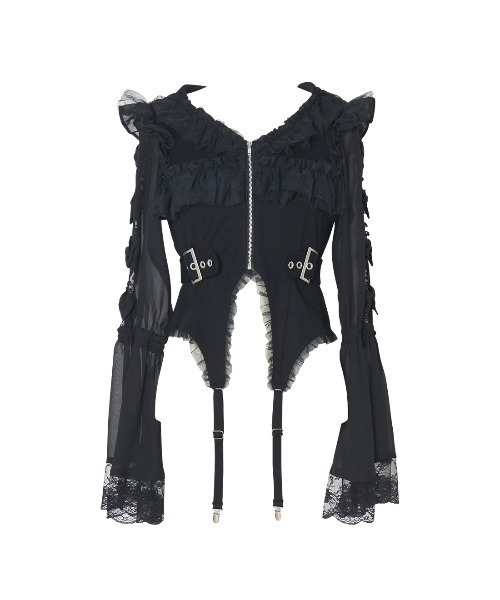 パーカー Flared sleeve ribbon and frill zip tops レディース Flared sleeve ribbon and frill zip tops（パーカー