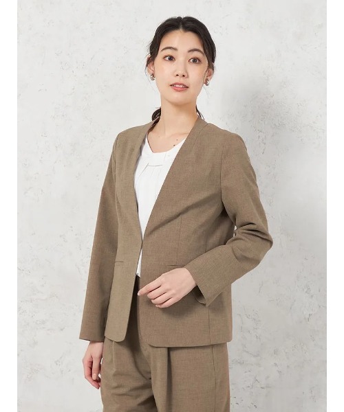 HARUYAMA(ハルヤマ)の「【ウォッシャブル】ノーカラージャケット リネンライク ストレッチ UVカット SOFFICE(ノーカラージャケット・レディース・ブラウン/チャコールグレー・11号/15号/7号/9号/13号)」の2枚目の写真