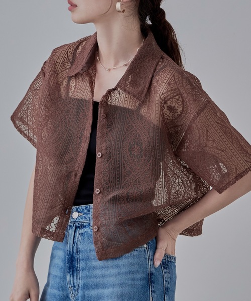 ◯DIAS 東京ブラウス ブラウン ベルベット 刺繍入りシャツ セール】刺繍レースショートシャツ（シャツ/ブラウス）｜etoll