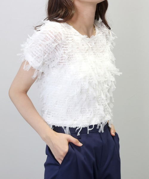 Aletta vita(アレッタビータ)の「チュールシャーリングプルオーバー(Tシャツ/カットソー・レディース・ブラック/オフホワイト・M)」の2枚目の写真