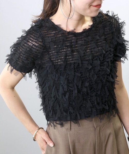 Aletta vita(アレッタビータ)の「チュールシャーリングプルオーバー(Tシャツ/カットソー・レディース・ブラック/オフホワイト・M)」の1枚目の写真