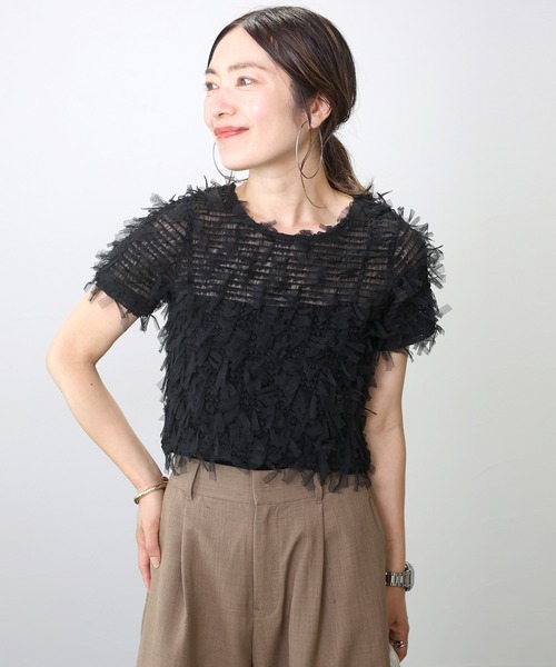 Aletta vita(アレッタビータ)の「チュールシャーリングプルオーバー(Tシャツ/カットソー・レディース・ブラック/オフホワイト・M)」の5枚目の写真