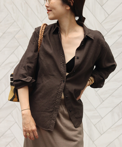 新品　plage Garment Dye Linen シャツ ブラウン セール】Garment Dye Linen シャツ（シャツ/ブラウス）｜Plage