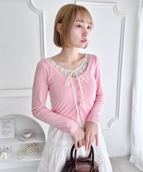 セール】レースリボンレイヤードトップス（Tシャツ/カットソー