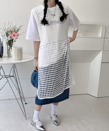 透かし編みロングベストサイドスリット夏服