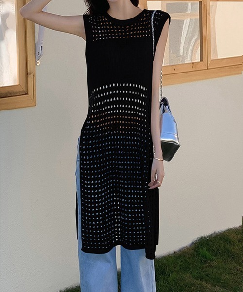 Miniministore(ミニミニストア)の「透かし編みロングベストサイドスリット夏服(ベスト・レディース・ホワイト/ブラック・FREE)」の2枚目の写真