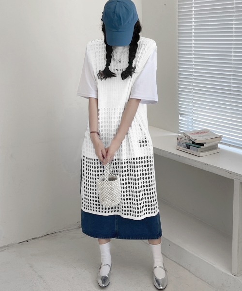 Miniministore(ミニミニストア)の「透かし編みロングベストサイドスリット夏服(ベスト・レディース・ホワイト/ブラック・FREE)」の20枚目の写真