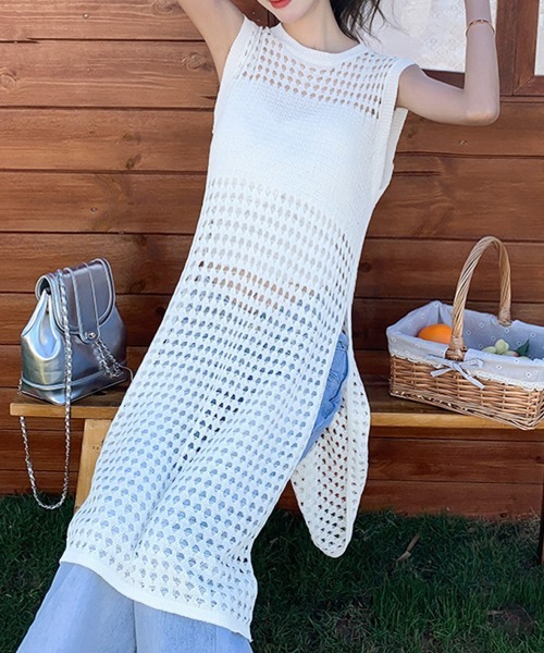 Miniministore(ミニミニストア)の「透かし編みロングベストサイドスリット夏服(ベスト・レディース・ホワイト/ブラック・FREE)」の6枚目の写真