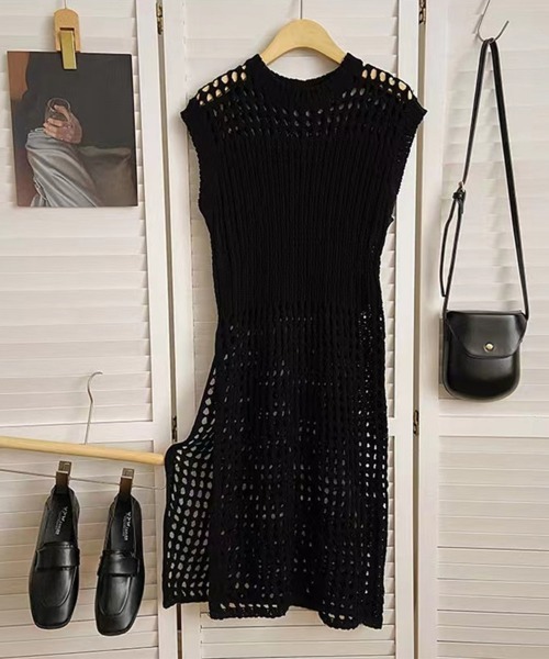 Miniministore(ミニミニストア)の「透かし編みロングベストサイドスリット夏服(ベスト・レディース・ホワイト/ブラック・FREE)」の7枚目の写真