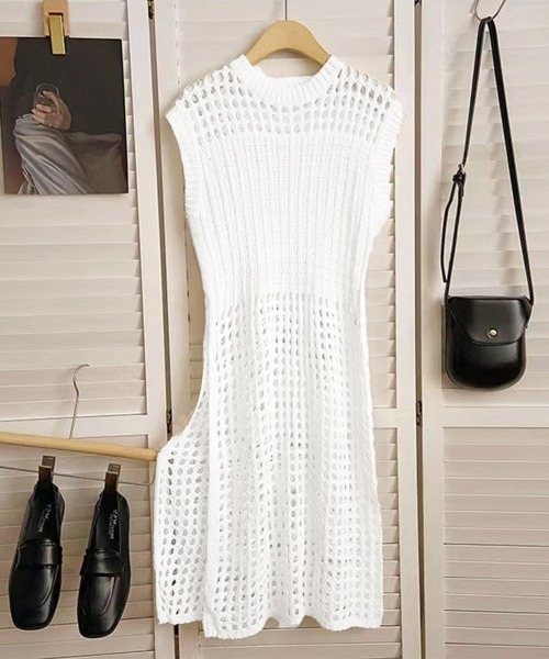 Miniministore(ミニミニストア)の「透かし編みロングベストサイドスリット夏服(ベスト・レディース・ホワイト/ブラック・FREE)」の8枚目の写真