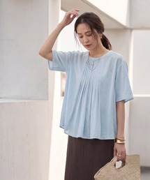 【LUXE】シボ生地プリーツタック5分袖ブラウス
