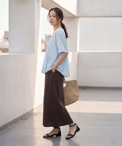 STYLE DELI（スタイルデリ）の「【LUXE】シボ生地プリーツタック５分袖ブラウス（Tシャツ/カットソー・レディース・ブルー系/オレンジ・FREE）」の11枚目の写真