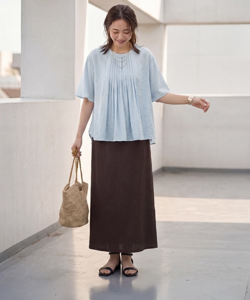 STYLE DELI（スタイルデリ）の「【LUXE】シボ生地プリーツタック５分袖ブラウス（Tシャツ/カットソー・レディース・ブルー系/オレンジ・FREE）」の18枚目の写真