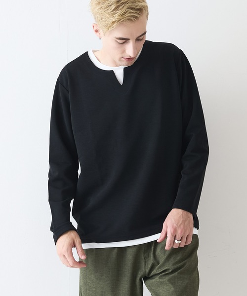 Blue Standard (ブルースタンダード)の「【Blue Standard/ブルースタンダード】ドライリップル フェイクレイヤード キーネックロンT カットソー 吸水速乾 ストレッチ イージーケア さらさら快適 晩夏初秋(Tシャツ/カットソー・メンズ・ライトグレー/ブラック/ホワイト・LARGE/X-LARGE/MEDIUM)」の10枚目の写真