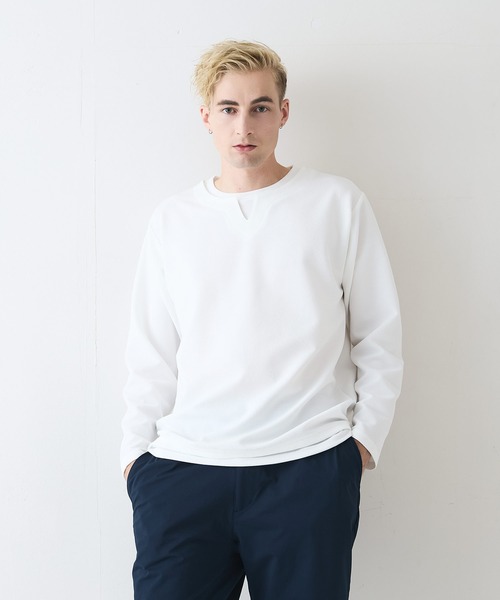 Blue Standard (ブルースタンダード)の「【Blue Standard/ブルースタンダード】ドライリップル フェイクレイヤード キーネックロンT カットソー 吸水速乾 ストレッチ イージーケア さらさら快適 晩夏初秋(Tシャツ/カットソー・メンズ・ライトグレー/ブラック/ホワイト・LARGE/X-LARGE/MEDIUM)」の15枚目の写真
