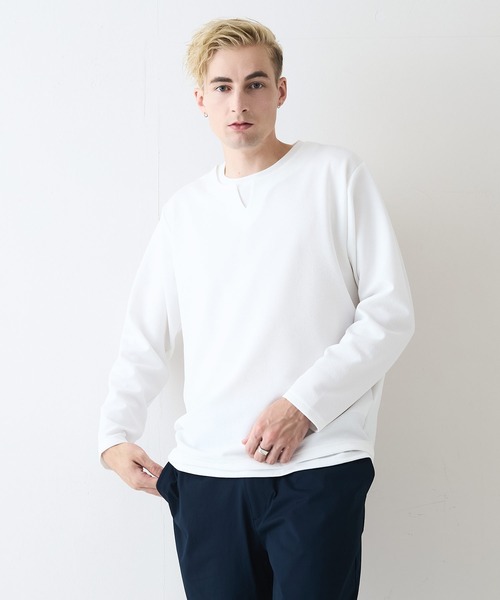 Blue Standard (ブルースタンダード)の「【Blue Standard/ブルースタンダード】ドライリップル フェイクレイヤード キーネックロンT カットソー 吸水速乾 ストレッチ イージーケア さらさら快適 晩夏初秋(Tシャツ/カットソー・メンズ・ライトグレー/ブラック/ホワイト・LARGE/X-LARGE/MEDIUM)」の14枚目の写真