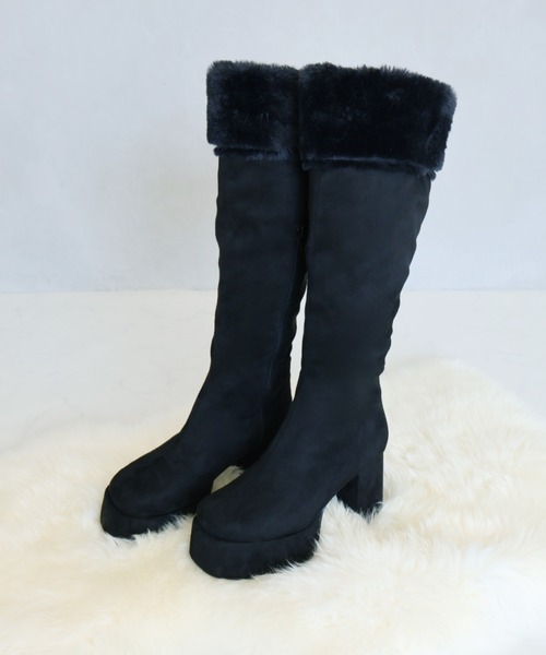 VIVIAN（ヴィヴィアン）の「ふわふわファー厚底プラットフォームロングブーツ（ブーツ・レディース・ベージュ系その他3/ブラック系その他3・S/M/L/LL）」の4枚目の写真