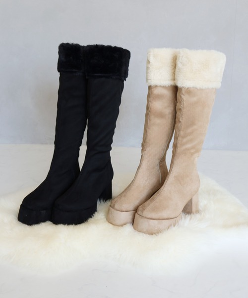 VIVIAN（ヴィヴィアン）の「ふわふわファー厚底プラットフォームロングブーツ（ブーツ・レディース・ベージュ系その他3/ブラック系その他3・S/M/L/LL）」の3枚目の写真