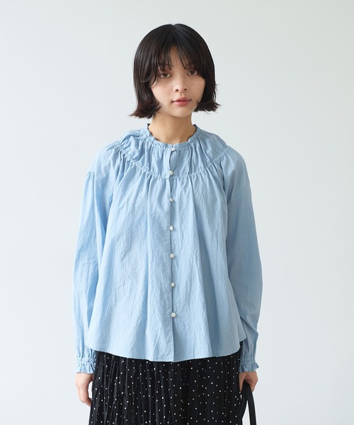 bulle de savon（ビュルデサボン）の「●コットン/シルク ローン ギャザーブラウス（シャツ/ブラウス・レディース・アイボリー/サックスブルー・FREE）」の14枚目の写真
