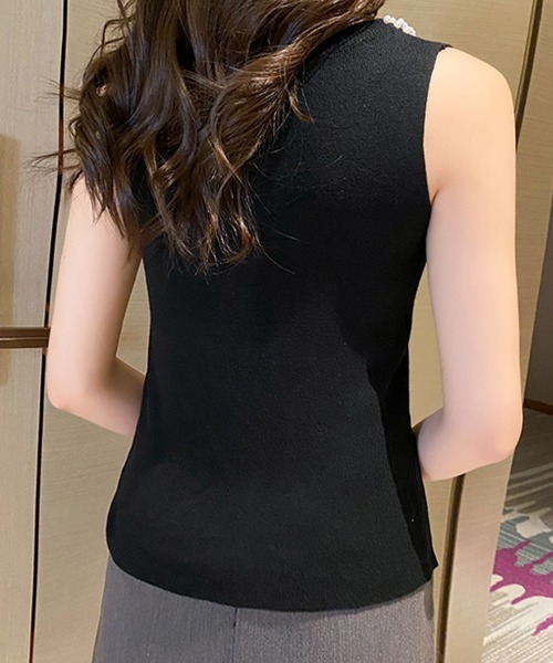 Miniministore（ミニミニストア）の「パール付きトップスノースリーブニット夏服（Tシャツ/カットソー・レディース・ホワイト/アイボリー/ピンク/ブラック・FREE）」の6枚目の写真
