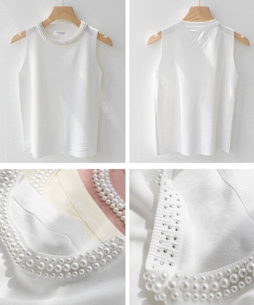 Miniministore（ミニミニストア）の「パール付きトップスノースリーブニット夏服（Tシャツ/カットソー・レディース・ホワイト/アイボリー/ピンク/ブラック・FREE）」の7枚目の写真