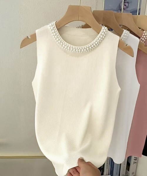 Miniministore（ミニミニストア）の「パール付きトップスノースリーブニット夏服（Tシャツ/カットソー・レディース・ホワイト/アイボリー/ピンク/ブラック・FREE）」の8枚目の写真