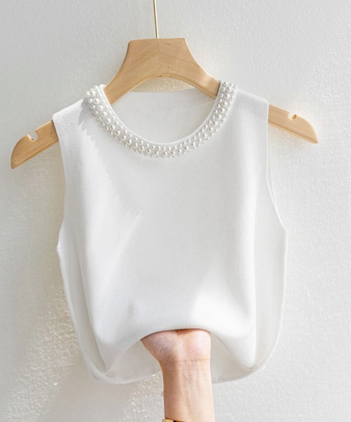Miniministore（ミニミニストア）の「パール付きトップスノースリーブニット夏服（Tシャツ/カットソー・レディース・ホワイト/アイボリー/ピンク/ブラック・FREE）」の10枚目の写真