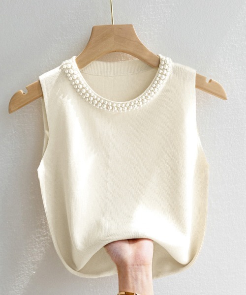 Miniministore（ミニミニストア）の「パール付きトップスノースリーブニット夏服（Tシャツ/カットソー・レディース・ホワイト/アイボリー/ピンク/ブラック・FREE）」の11枚目の写真