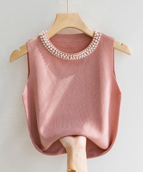 Miniministore（ミニミニストア）の「パール付きトップスノースリーブニット夏服（Tシャツ/カットソー・レディース・ホワイト/アイボリー/ピンク/ブラック・FREE）」の12枚目の写真