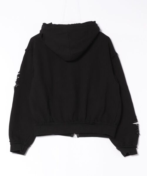 Never mind the XU / Chikashitsu+(ネバーマインド ザ エックスユー / チカシツプラス)の「【nmtc+】damage cropped zip up hoodie / 【エヌエムティーシープラス】ダメージクロップドジップパーカー(パーカー・メンズ・グレー/ブラック・ONE SIZE)」の8枚目の写真