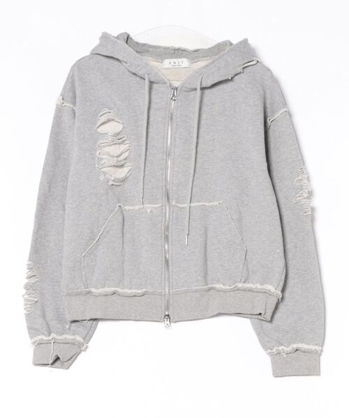 Never mind the XU / Chikashitsu+(ネバーマインド ザ エックスユー / チカシツプラス)の「【nmtc+】damage cropped zip up hoodie / 【エヌエムティーシープラス】ダメージクロップドジップパーカー(パーカー・メンズ・グレー/ブラック・ONE SIZE)」の7枚目の写真