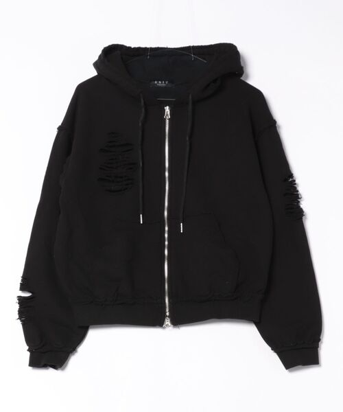 Never mind the XU / Chikashitsu+(ネバーマインド ザ エックスユー / チカシツプラス)の「【nmtc+】damage cropped zip up hoodie / 【エヌエムティーシープラス】ダメージクロップドジップパーカー(パーカー・メンズ・グレー/ブラック・ONE SIZE)」の5枚目の写真