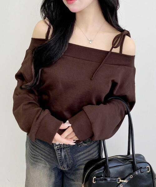 INGNI（イング）の「肩リボンオフショルスウェットトップス(セットアップ対応)（スウェット・レディース・グレー/ブラック/オートミール/ブラウン・M）」の3枚目の写真