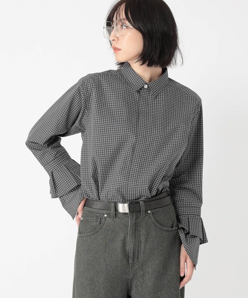 セール】【daily CLIP】ミニチェック袖フリルシャツ（シャツ/ブラウス
