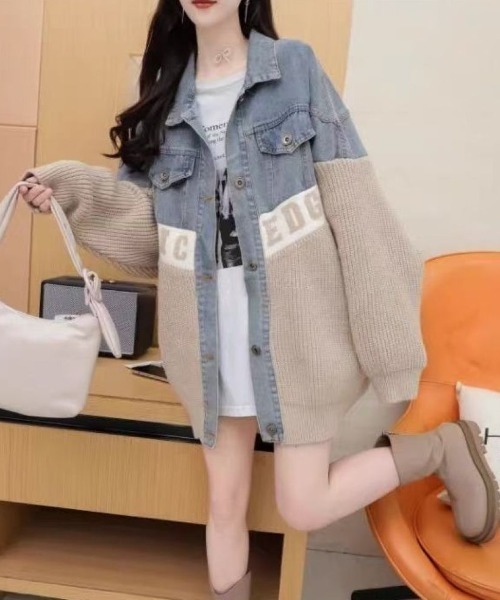 デニムドッキング 配色 ウールニット ジャケット ニット セーター ニットジャケット ニットコート A31801 セール】ニットドッキング デニムシャツジャケット（その他アウター