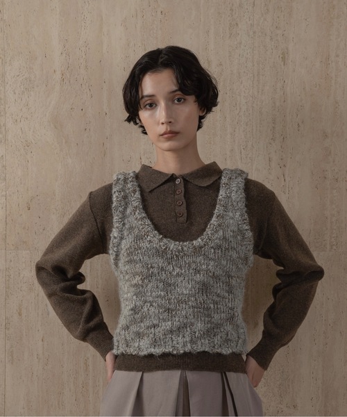 lawgy（ラウジー）の「simple polo rafu knit pullover / シンプルポロラフニットプルオーバー（ニット/セーター・レディース・ヘザーグレー/ブラック/ホワイト/ピンク/ダークブラウン/レッド・FREE）」の4枚目の写真