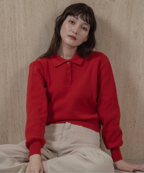 lawgy（ラウジー）の「simple polo rafu knit pullover / シンプルポロラフニットプルオーバー（ニット/セーター・レディース・ヘザーグレー/ブラック/ホワイト/ピンク/ダークブラウン/レッド・FREE）」の6枚目の写真