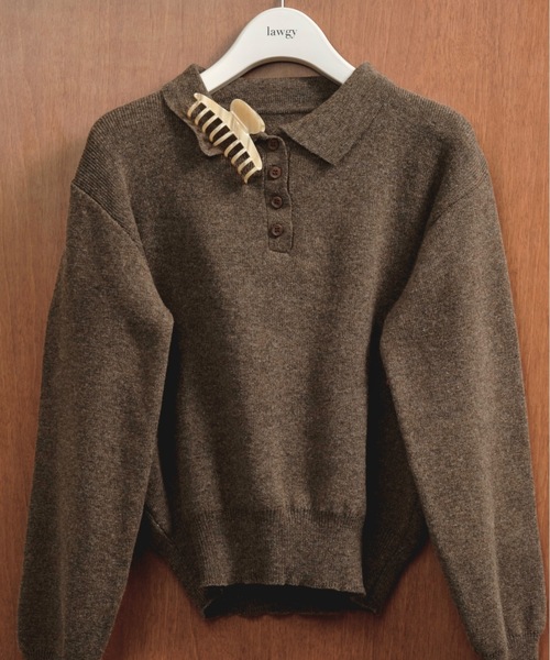 lawgy（ラウジー）の「simple polo rafu knit pullover / シンプルポロラフニットプルオーバー（ニット/セーター・レディース・ヘザーグレー/ブラック/ホワイト/ピンク/ダークブラウン/レッド・FREE）」の11枚目の写真