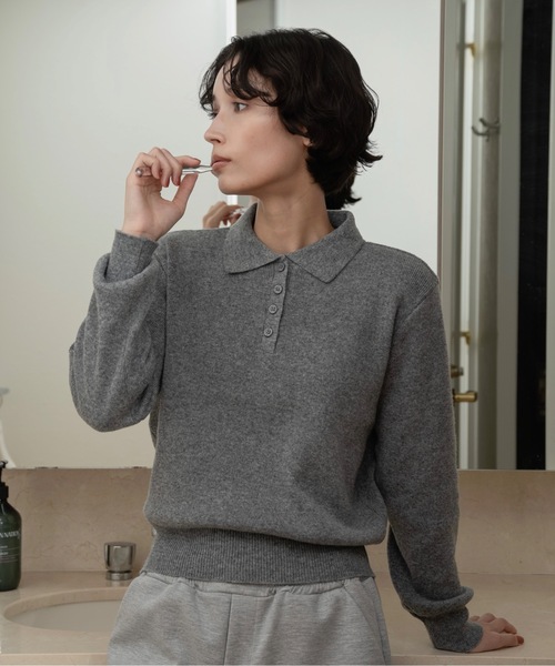 lawgy（ラウジー）の「simple polo rafu knit pullover / シンプルポロラフニットプルオーバー（ニット/セーター・レディース・ヘザーグレー/ブラック/ホワイト/ピンク/ダークブラウン/レッド・FREE）」の9枚目の写真