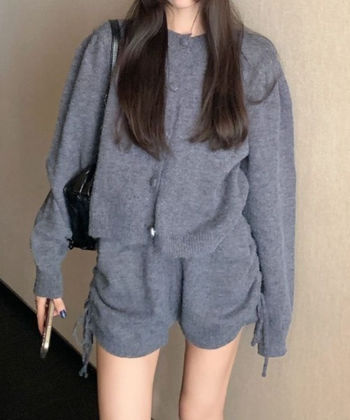 セール】【上下2点セット】ボリューム袖ニットカーディガン＋サイド