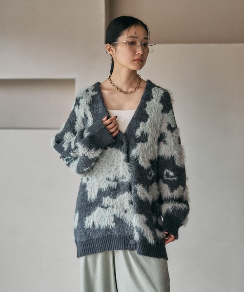 5ゲージ柄シャギーVカーディガン 606406（カーディガン/ボレロ