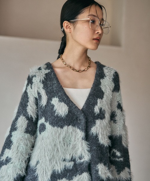 5ゲージ柄シャギーVカーディガン 606406（カーディガン/ボレロ
