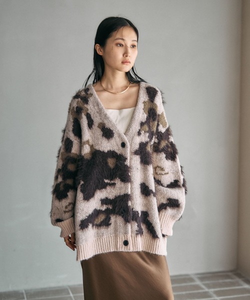 5ゲージ柄シャギーVカーディガン 606406（カーディガン/ボレロ