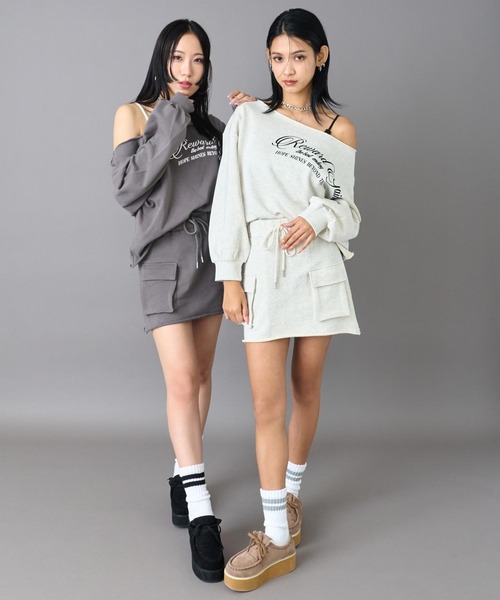 ANAP(アナップ)の「ワンショルダー トップス × カーゴ ミニスカート 裏毛 setup(セットアップ・レディース・ダークグレー/ライトグレー/グレイッシュベージュ・F)」の6枚目の写真