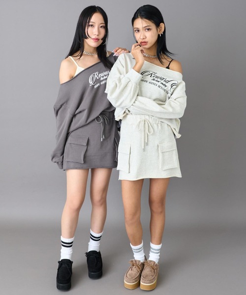 ANAP(アナップ)の「ワンショルダー トップス × カーゴ ミニスカート 裏毛 setup(セットアップ・レディース・ダークグレー/ライトグレー/グレイッシュベージュ・F)」の7枚目の写真