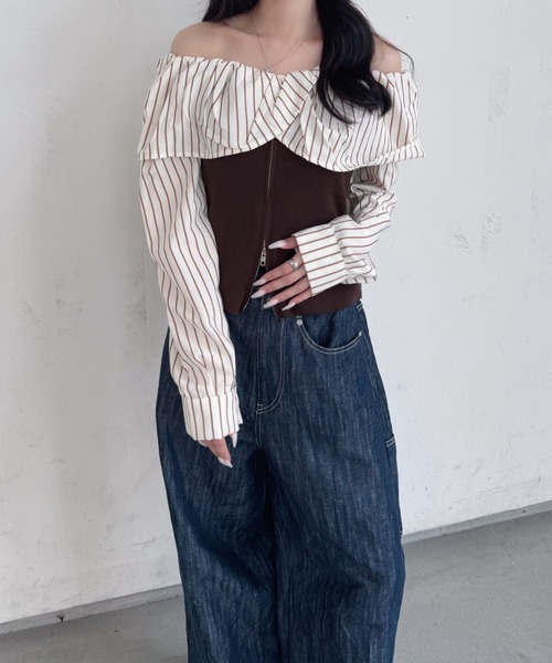 nemne store(ネンネストア)の「ストライプカラーオフショルトップス(シャツ/ブラウス・レディース・ブラウン/ネイビー/グレー・フリー)」の5枚目の写真